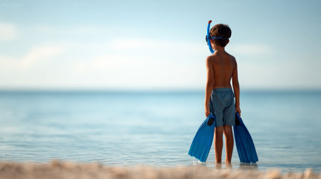Young boy wearing a snorkel mask and holding blue flippers stands in shallow water at the beach, gazing out at the serene, calm sea on a bright, sunny day, ready for underwater explorationの素材