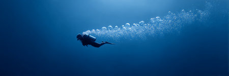 Silhouette of a scuba diver is swimming in the deep blue ocean, leaving a trail of air bubbles behind, creating a serene and captivating underwater sceneの素材