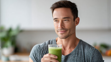Happy man drinking a healthy green smoothie or detox juice at home in his kitchen, enjoying a refreshing summer beverage made with fresh fruits, vegetables, and herbsの素材