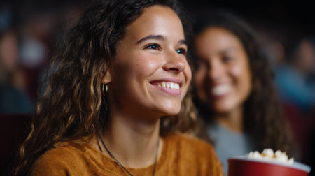 Young woman with curly hair smiling brightly, holding a bucket of popcorn while enjoying a fun evening at the cinema with friends, relaxed and cheerful in a lively theater crowdの素材