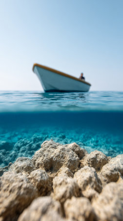 Split shot of a boat floating on crystal clear turquoise water, revealing a vibrant coral reef ecosystem below, showcasing the beauty and fragility of marine environmentsの素材