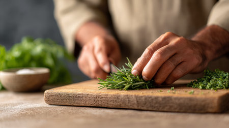 Chef skillfully chops fresh rosemary on a rustic wooden cutting board, preparing ingredients for a healthy summer detox drink or herbal infusion, with chopped parsley and salt nearbyの素材