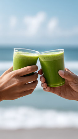 Two people are holding plastic cups of green juice and toasting on a beautiful beach with blue sky and white clouds in the background, enjoying a healthy and refreshing summer detox drinkの素材