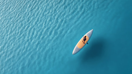 Aerial view of a sportsman paddle boarding in calm, crystal clear turquoise water on a sunny day, enjoying the tranquility and beauty of natureの素材