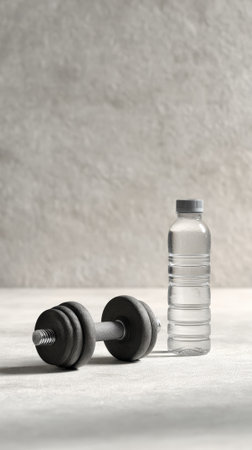 Resting beside a refreshing water bottle, a dumbbell highlights the importance of hydration in fitness training, symbolizing the balance between exercise and fluid intakeの素材