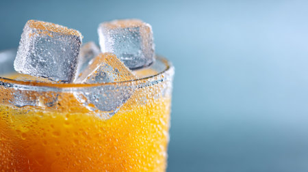 Glass of orange juice with ice cubes is cooling down on a summer day, creating a refreshing and thirst quenching beverage perfect for beating the heatの素材