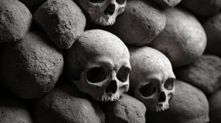 Skulls and bones forming a weathered wall in monochrome, evoking a somber, macabre ossuary and ancient burial structure with textured, historical, gothic atmosphereの素材