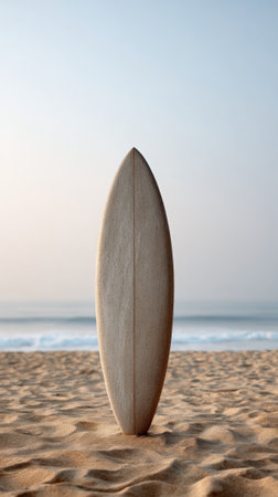 Wooden surfboard standing upright on a sandy beach with the ocean and small waves visible in the background during a clear sunrise, embodying the essence of surfing and watersportsの素材