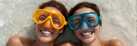 Two smiling women wearing diving masks lying on the shore, enjoying their vacation at the beach, ready for snorkeling or diving in the crystal clear waterの素材