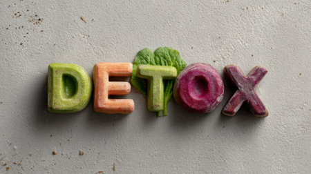 Colorful letters spelling detox are crafted from frozen fruit and vegetable purees, embodying the concept of a refreshing and healthy detox diet incorporating juices and smoothiesの素材