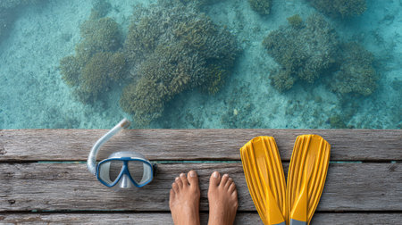 Snorkeling gear resting on a wooden pier, bare feet dangling over the edge, inviting exploration of the turquoise waters and vibrant coral reef below, promising an unforgettable adventureの素材