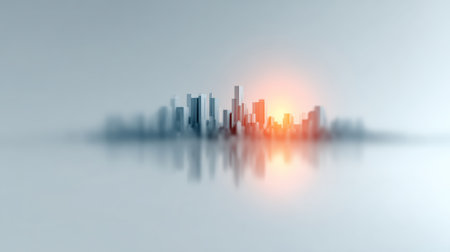 Minimalist cityscape presenting a futuristic urban concept with a glowing light rising over buildings and reflecting on a clean surface, emphasizing growth and technological advancementの素材