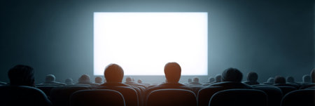 People sitting in a dark movie theater or concert hall, viewing a large blank white screen illuminated by a bright projector, representing anticipation or abstract conceptsの素材