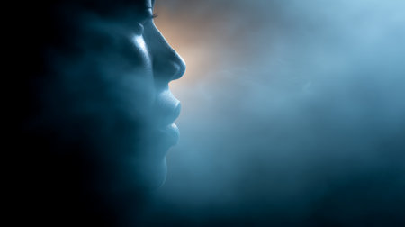 Young woman in profile exhales pale vapor into deep blue fog, a serene, mysterious portrait blending breath, cold air and atmospheric mood for conceptual and contemplative imageryの素材