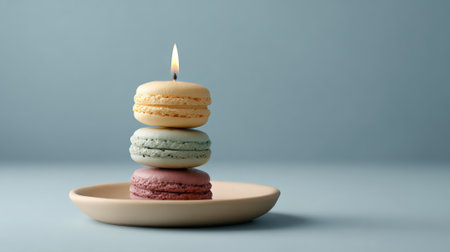 Stacked pastel macarons acting as a symbolic cake with a burning candle, creating a minimalist and sweet visual for celebration, anniversaries, or special momentsの素材