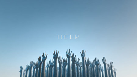 Textured gray hands reach skyward with outstretched fingers against a light blue gradient, the word help faintly visible a surreal, urgent plea for unity and assistanceの素材
