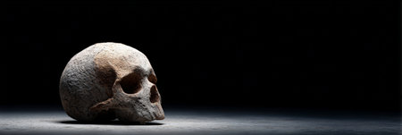 Ancient hominid skull resting on a dark concrete surface, highlighting concepts of human evolution, history, fragile life, archaeology, anthropology, and mortalityの素材