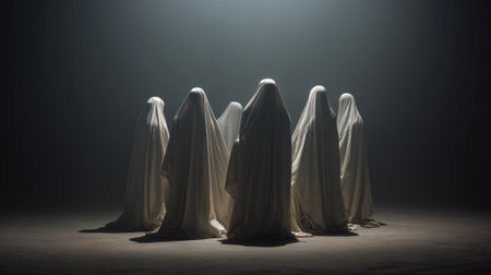 Figures covered in white cloth sheets standing in a circle, creating an eerie and mysterious atmosphere in a dimly lit, dark room with dramatic spotlightingの素材