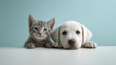 Curious tabby kitten and white labrador puppy rest paws on a white table, peeking at camera with innocent blue eyes against a bright blue backdrop, symbolizing pet friendship and bondingの素材
