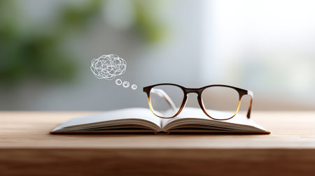 Eyeglasses resting on an open book, with a chaotic doodle thought bubble representing confusion, abstract thinking, and the challenges of understanding or problem solving during studyの素材