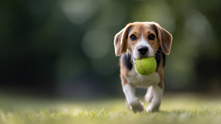 Beagle puppy sprinting across sunlit grass, playfully carrying a bright green tennis ball in its mouth, joyful energy and youthful agility in a park settingの素材