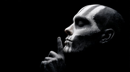 Person in profile with black and white artistic makeup resembling a skull and stripes, holding a finger to their lips, symbolizing silence and mystery against a dark backgroundの素材
