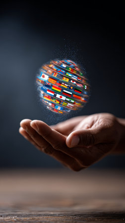 Open hand holding a rotating sphere composed of various national flags, symbolizing global community, international cooperation, and world unity against a dark background with a wooden surfaceの素材