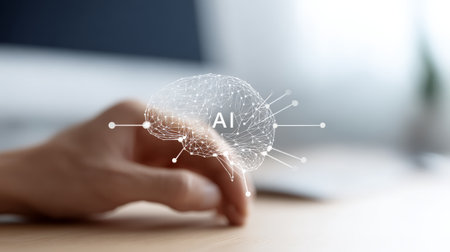 Businessman touching a futuristic digital brain interface with artificial intelligence ai, symbolizing machine learning, innovation and technological advancement in a modern business environmentの素材