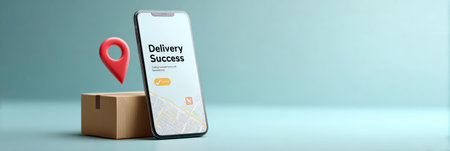 Smartphone displaying a mobile app with delivery success while a brown cardboard box and a red map pin symbolize efficient logistics, online shopping, and successful order fulfillmentの素材