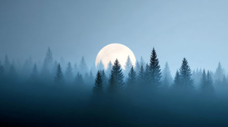 Full moon rises above pine silhouettes through dense fog, casting an ethereal blue glow across a tranquil, mysterious winter night forest landscapeの素材