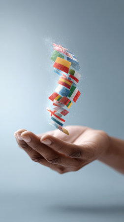 Gently holding a swirling hologram of international flags, symbolizing global connection, cultural exchange, and the importance of cooperation in a peaceful worldの素材