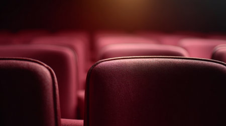 Empty rows of plush red cinema seats in a dark auditorium, empty but ready for a film premiere or performance, soft spotlight and wide angle perspective suggesting anticipation and calmの素材