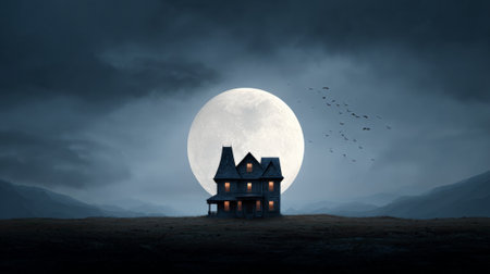 Old spooky victorian style house standing on a desolate hill under a large full moon and a dark cloudy night sky, bats flying against the moonlight creating a mysterious atmosphere for halloweenの素材