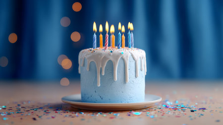 Light blue birthday cake with white frosting drip, colorful sprinkles and glowing lit candles, scattered confetti and bokeh creating a bright, festive celebration sceneの素材