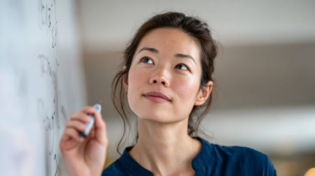 Young asian businesswoman looking up thoughtfully while writing ideas on a whiteboard, brainstorming strategy and planning solutions for startup growth and professional development in an officeの素材