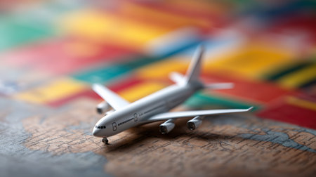 Miniature airplane resting on a vintage map, surrounded by softly blurred international flags, evokes a sense of global travel, exploration, and the excitement of adventureの素材