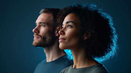 Two software engineers looking upwards, embracing future technologies and artificial intelligence, illuminated by a futuristic blue light, conveying hope and innovation in the tech industryの素材