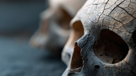 Close up of an old human skull displaying intricate cracks and weathered texture, symbolizing themes of mortality, history, archaeology, and the passage of timeの素材