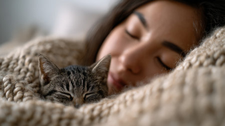 Woman and small kitten enjoying a peaceful nap, snuggling comfortably under a warm knitted blanket, symbolizing love, relaxation, and the special bond between pets and ownerの素材