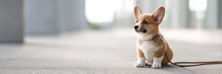 Corgi puppy sitting on an urban sidewalk, alert and curious in collar and leash, side view with plenty of horizontal copy space for banners or text overlays, peaceful daytime sceneの素材