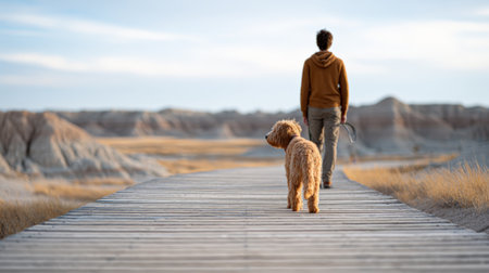 Person and their curly haired dog are walking on a wooden boardwalk, venturing into a vast desert landscape with arid formations under a clear sky, enjoying outdoor adventureの素材