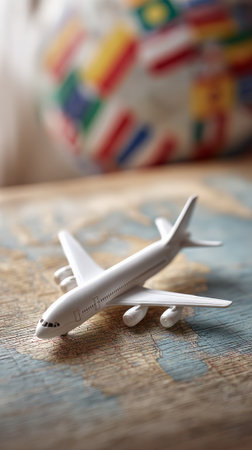 White toy airplane is standing on a vintage world map with blurred national flags in the background, representing the concept of international travel and wanderlustの素材