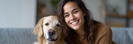Happy young woman smiling as she cuddles her golden retriever, showing a warm pet owner bond and relaxed, affectionate moment at home filled with trust and joyの素材