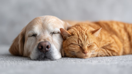 Golden retriever dog and ginger cat peacefully sleeping side by side on a textured grey surface, depicting a heartwarming scene of interspecies connection, comfort, and companionshipの素材