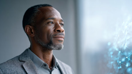 Confident businessman gazing out the window, contemplating future business strategies while leveraging artificial intelligence for innovative growth and success in a modern corporate environmentの素材