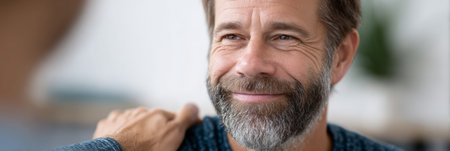 Mature bearded man smiling with a content expression, looking away, reflecting happiness, confidence, and positive emotions in a close up portrait shotの素材