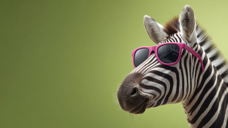 Zebra head showing stripes and texture, wearing vibrant pink sunglasses, creating a cool and humorous animal portrait against a solid green background with copy spaceの素材