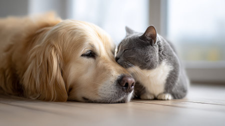 Golden retriever dog resting on a wooden floor with a gray and white cat affectionately touching its muzzle, perfectly illustrating companionship, interspecies friendship, and animal loveの素材