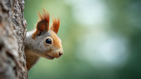 Eurasian red squirrel peeking from behind a tree trunk in an autumn forest, creating a charming scene filled with vibrant colors and the essence of wildlife in its natural habitatの素材