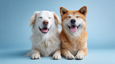 Two cheerful dogs, one golden retriever type and one shiba inu, lying on a light blue background, both with eyes closed, smiling broadly, and their tongues out, expressing pure joy and contentmentの素材